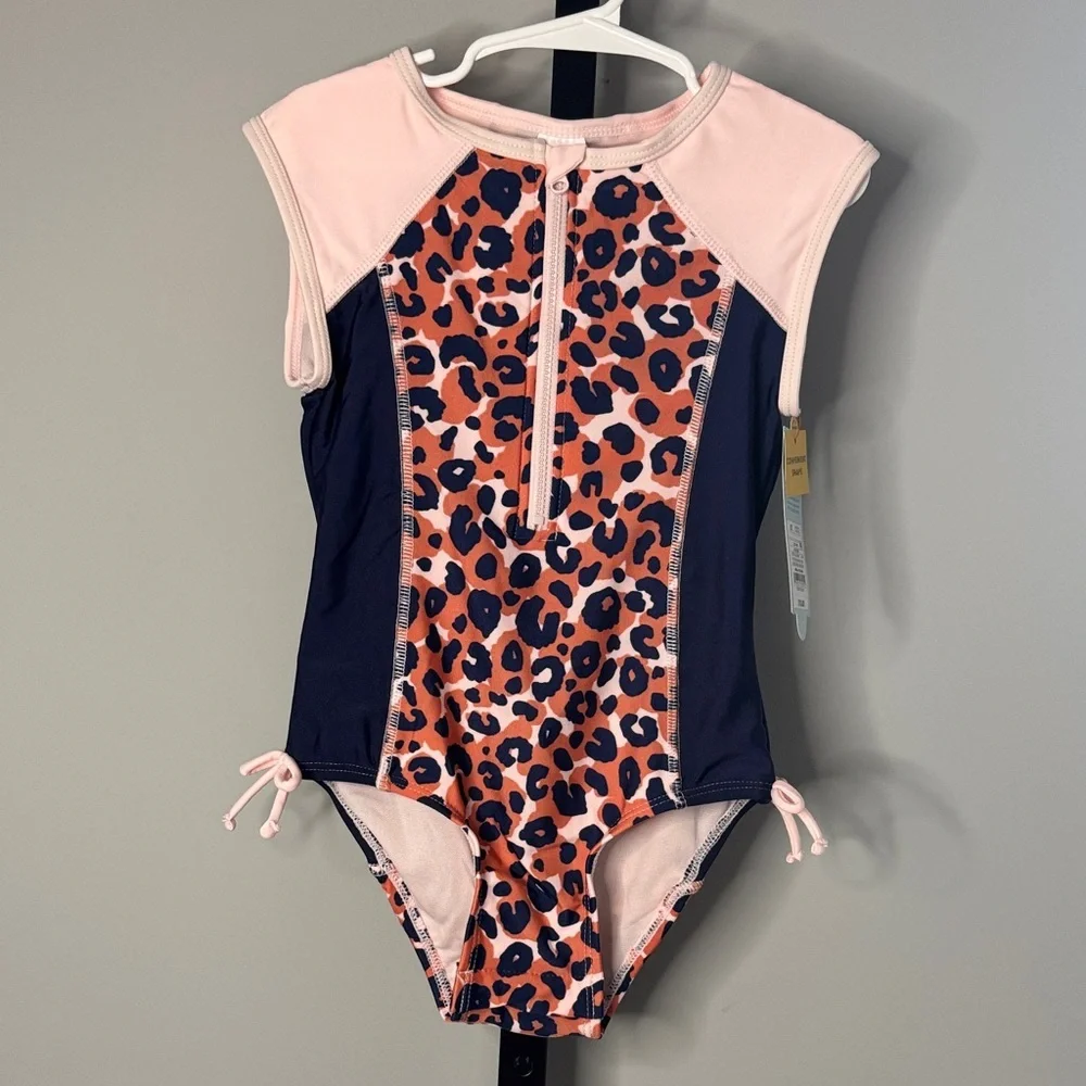 Cat & Jack Pink Navy Leopard Zip-Front Girls One-Piece Swimsuit Size 5T New NWT